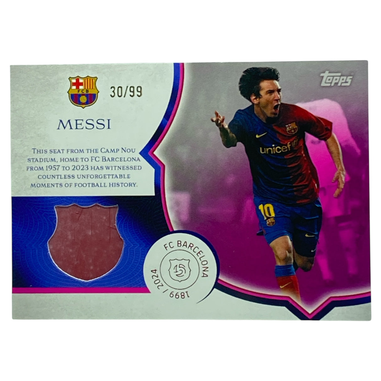2024-25 Topps FC Barcelona Stadium Relic - Lionel Messi /99 - Camp Nou Seat