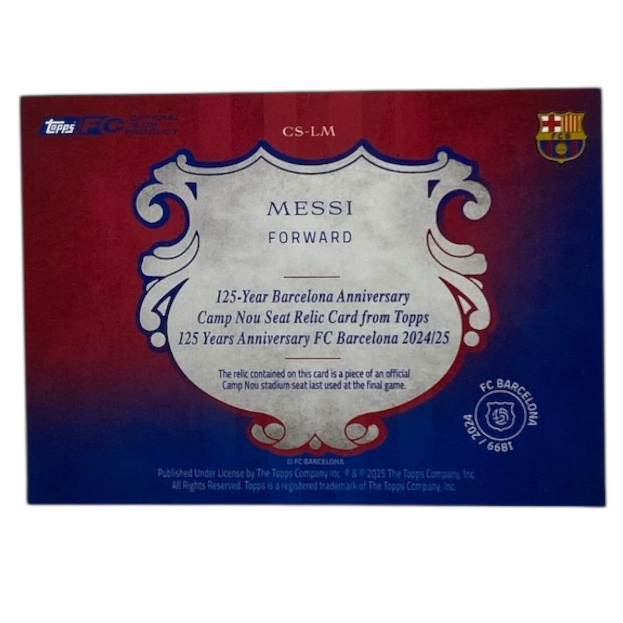 2024-25 Topps FC Barcelona Stadium Relic - Lionel Messi /99 - Camp Nou Seat